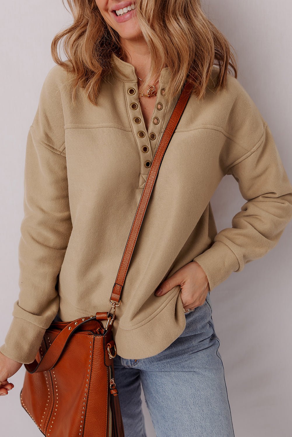 Light French Beige Grommet Detail V Neck Sweatshirt - MAD RUFFI