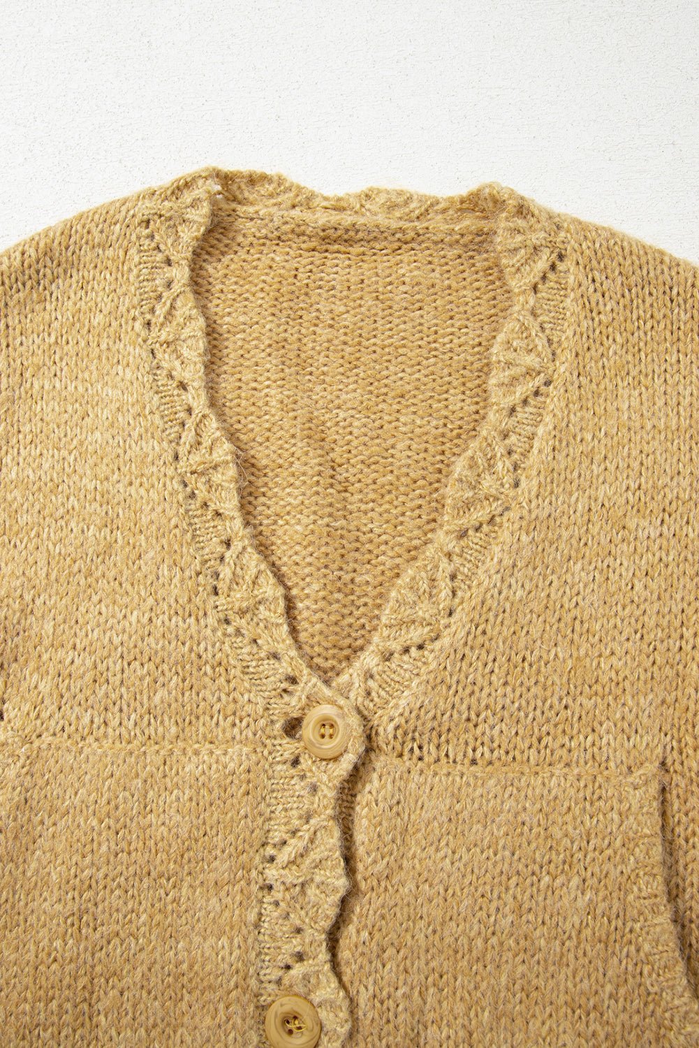 Light French Beige Lantern Sleeve Scallop V Neck Buttoned Front Cardigan - MAD RUFFI