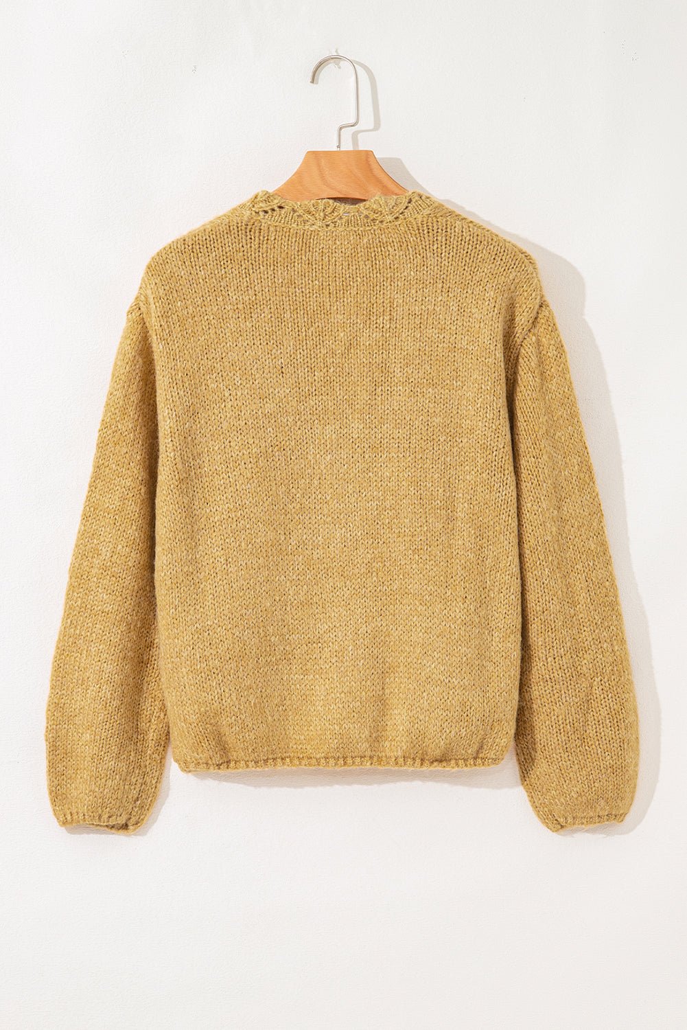 Light French Beige Lantern Sleeve Scallop V Neck Buttoned Front Cardigan - MAD RUFFI