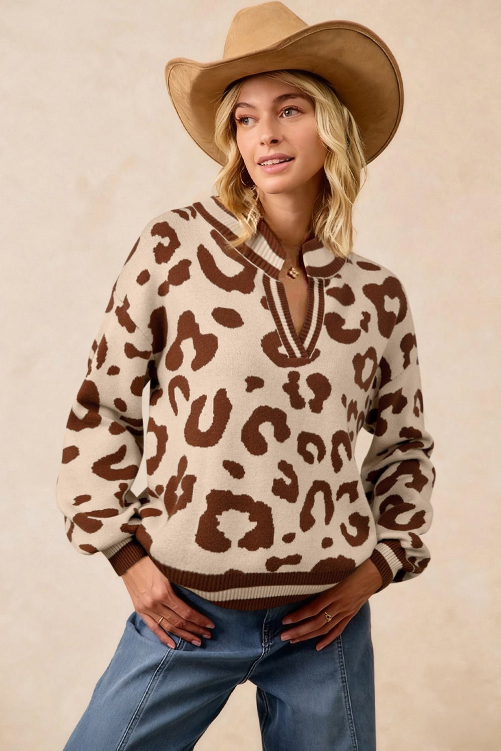 Light French Beige Leopard Printed Knit V Neck Sweater - MAD RUFFI