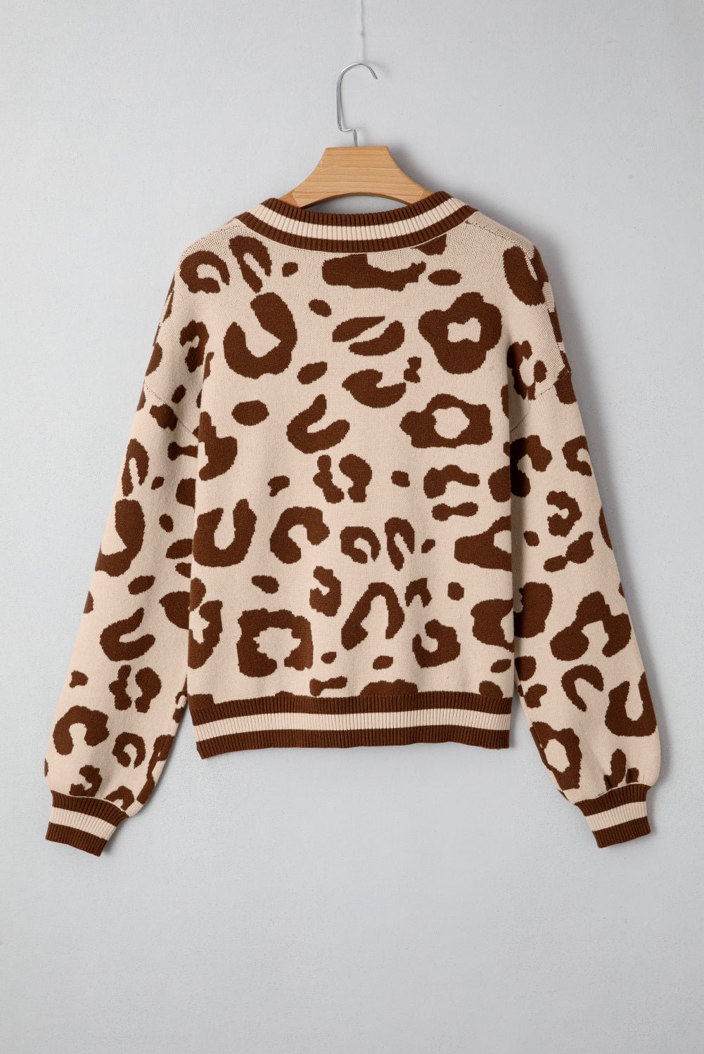Light French Beige Leopard Printed Knit V Neck Sweater - MAD RUFFI