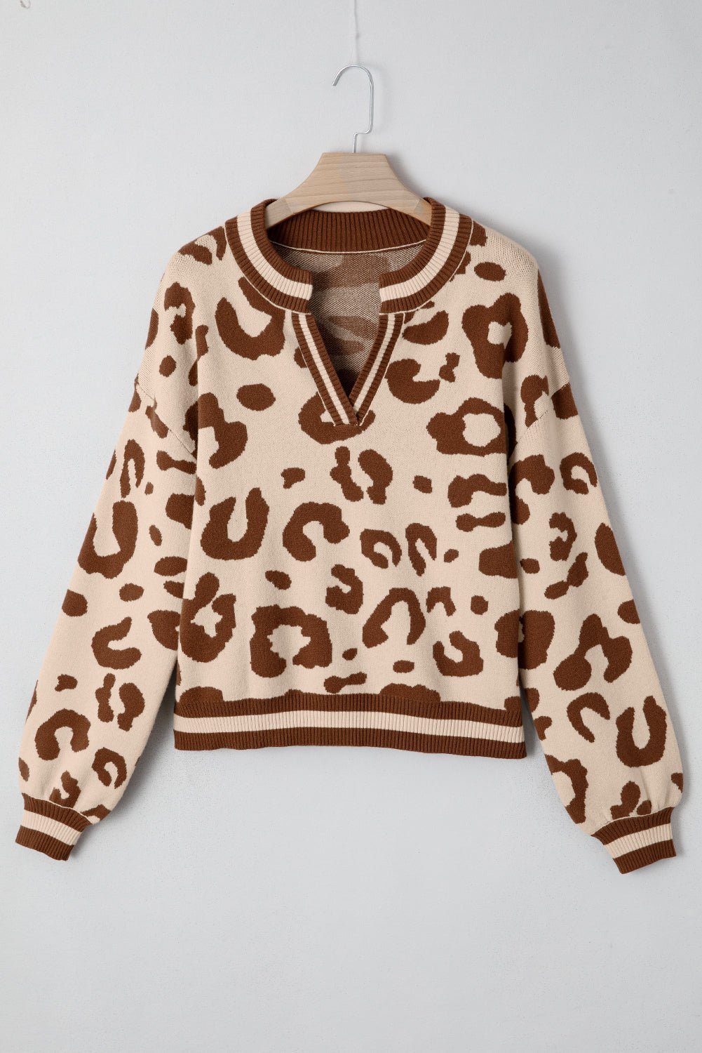 Light French Beige Leopard Printed Knit V Neck Sweater - MAD RUFFI