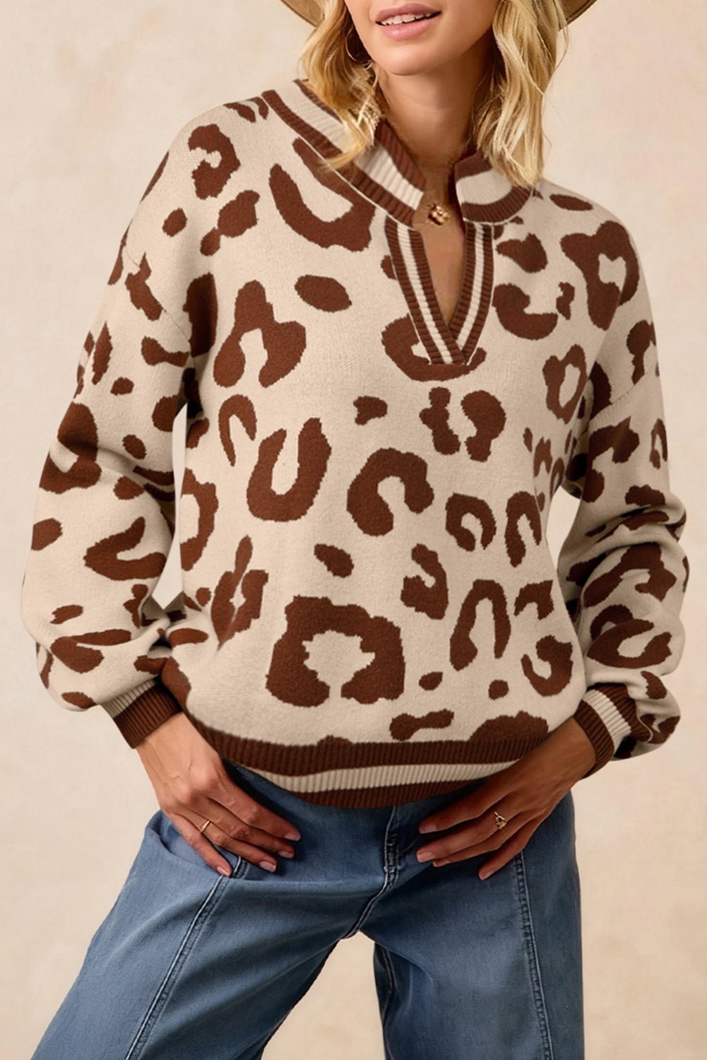 Light French Beige Leopard Printed Knit V Neck Sweater - MAD RUFFI