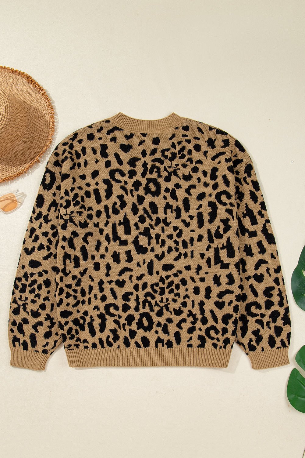Light French Beige Leopard Round Neck Long Sleeve Sweater - MAD RUFFI