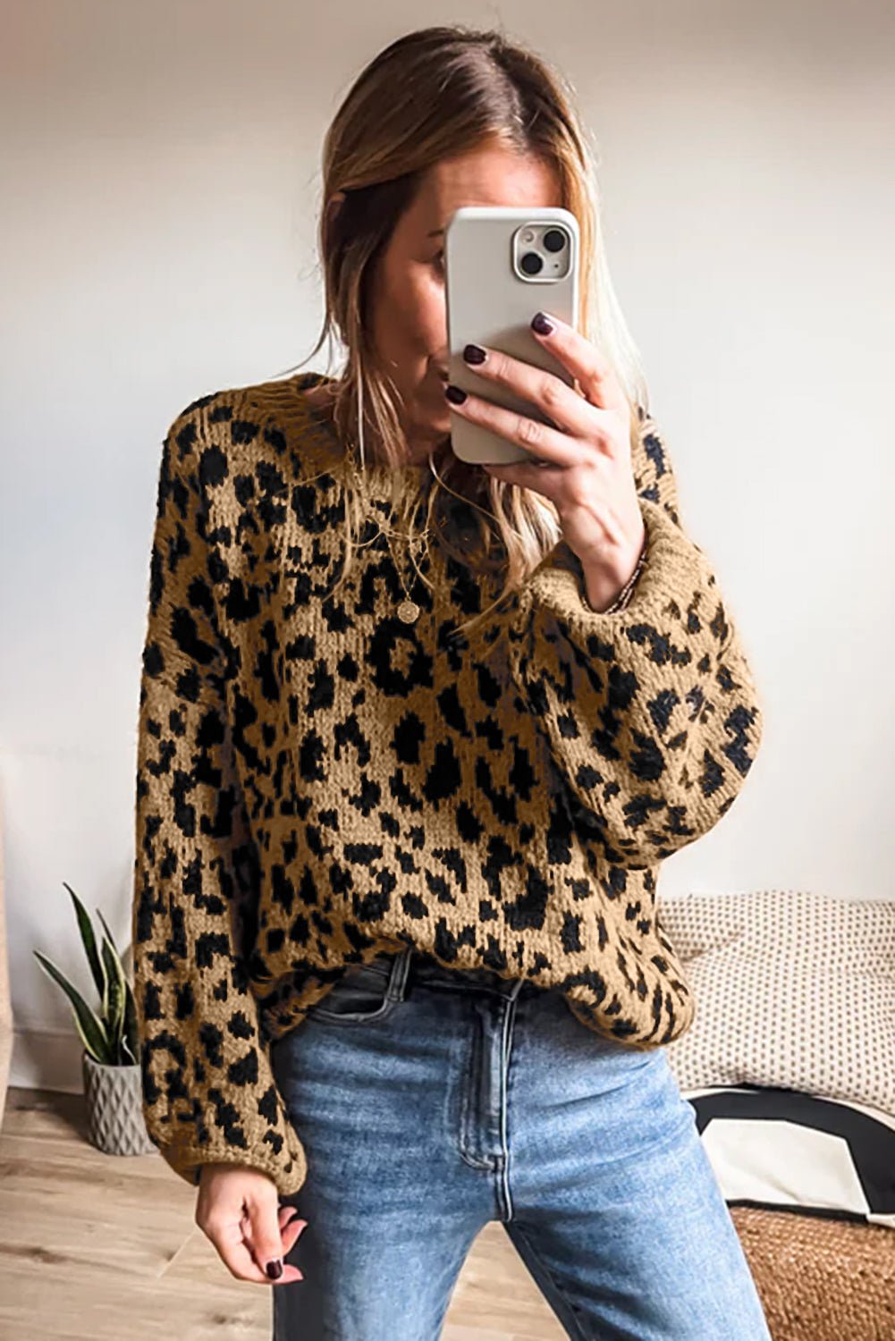 Light French Beige Leopard Round Neck Long Sleeve Sweater - MAD RUFFI
