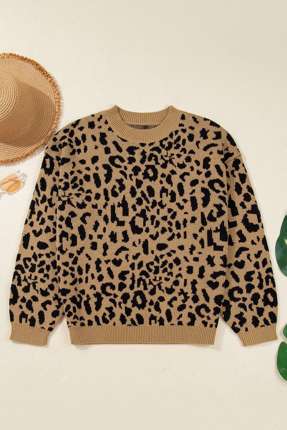 Light French Beige Leopard Round Neck Long Sleeve Sweater - MAD RUFFI