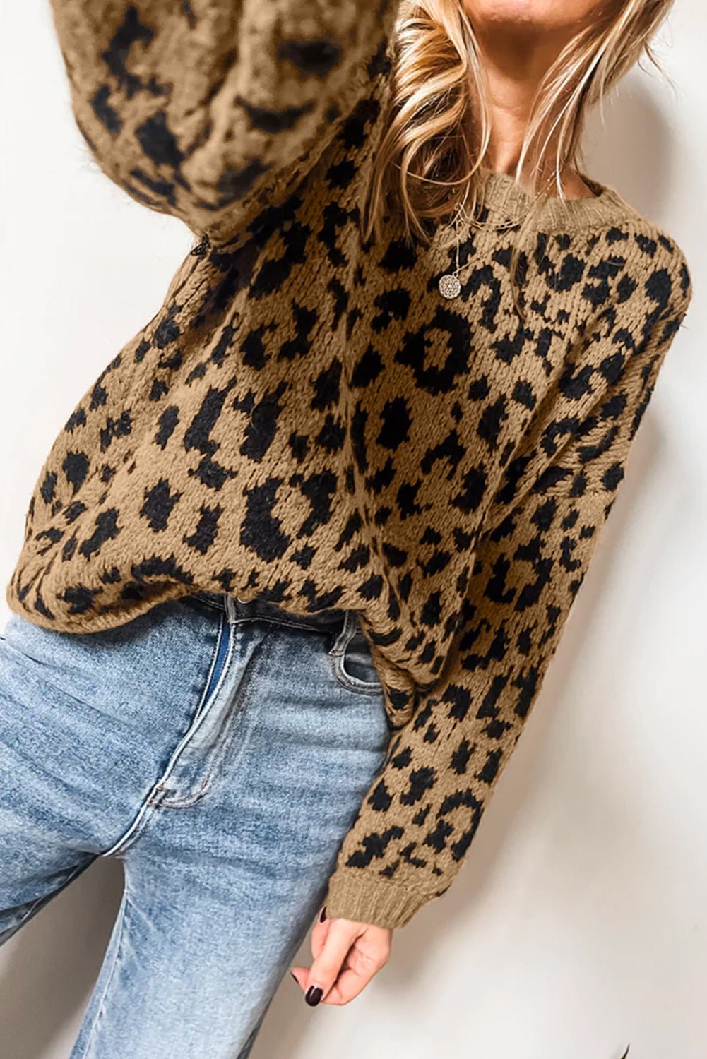 Light French Beige Leopard Round Neck Long Sleeve Sweater - MAD RUFFI