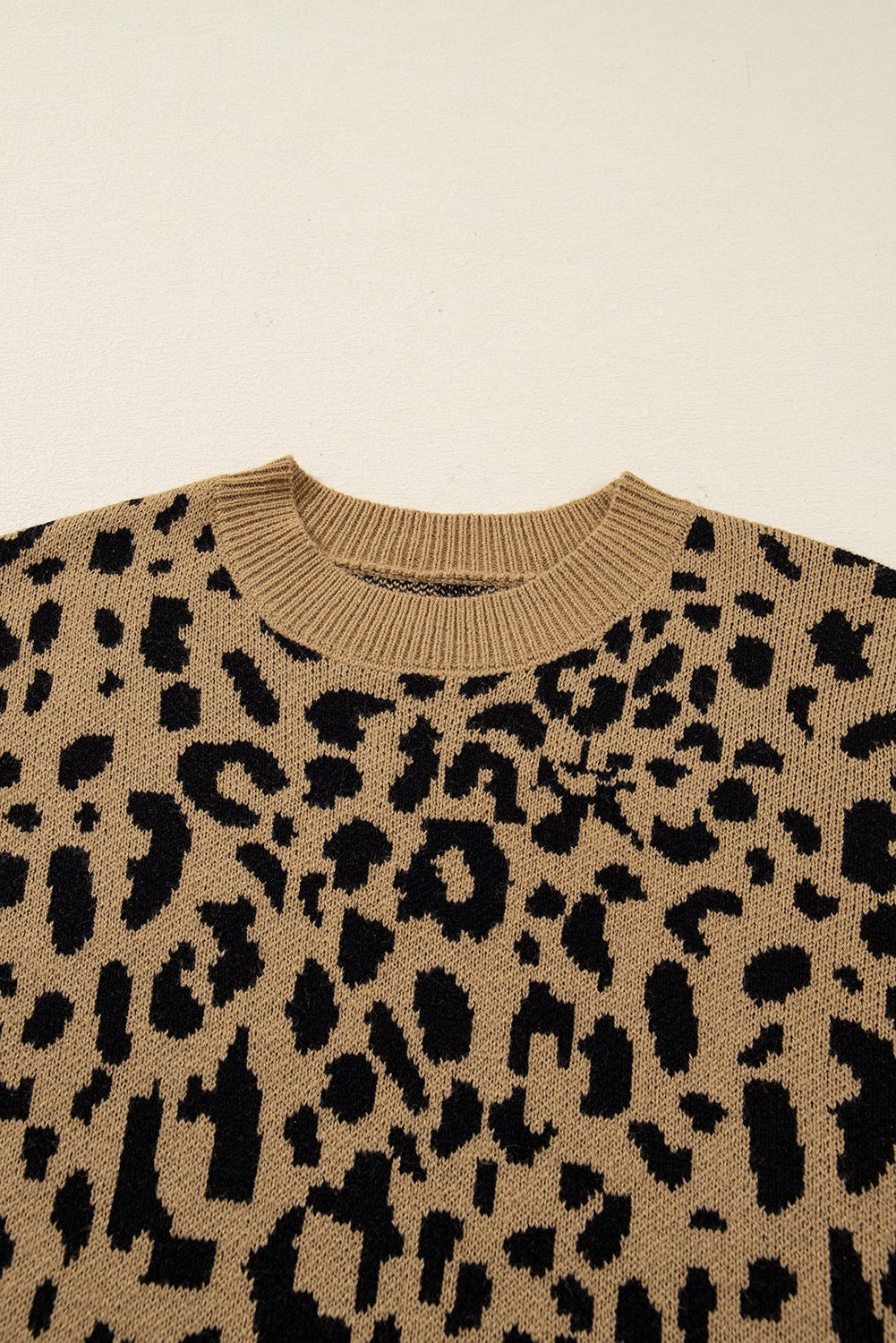 Light French Beige Leopard Round Neck Long Sleeve Sweater - MAD RUFFI