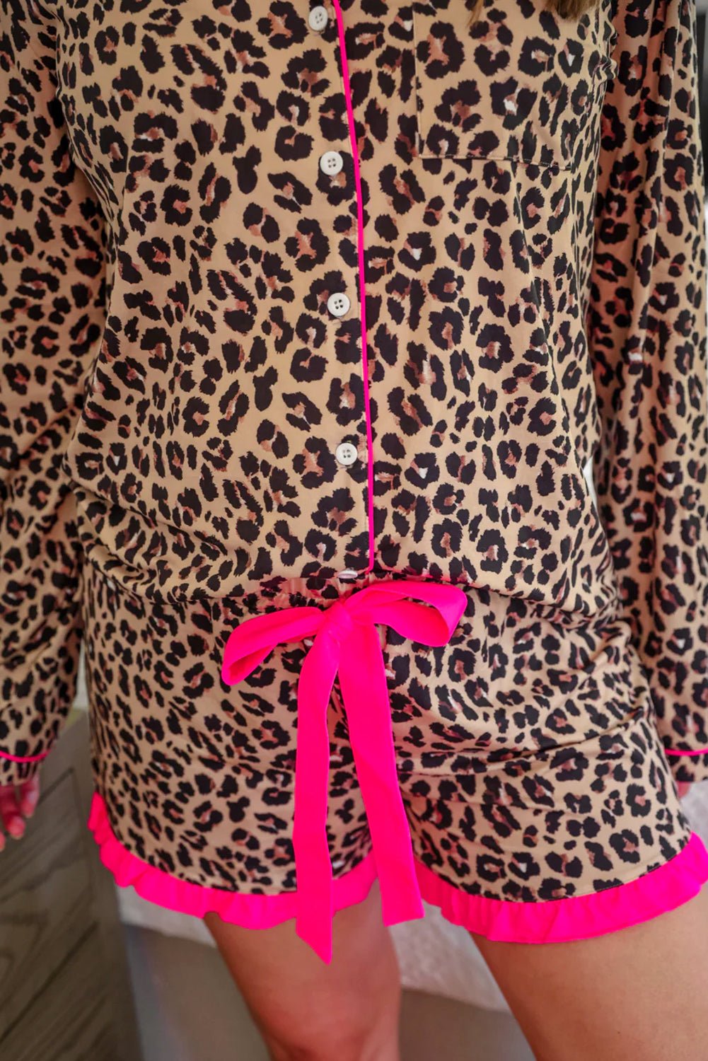 Light French Beige Leopard Ruffle Long Sleeve Pajama Set - MAD RUFFI