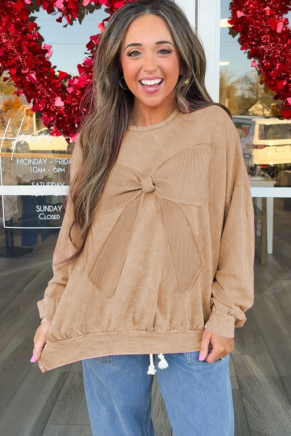 Light French Beige Mineral Wash Waffle Bow Patched Pullover Sweatshirt - MAD RUFFI