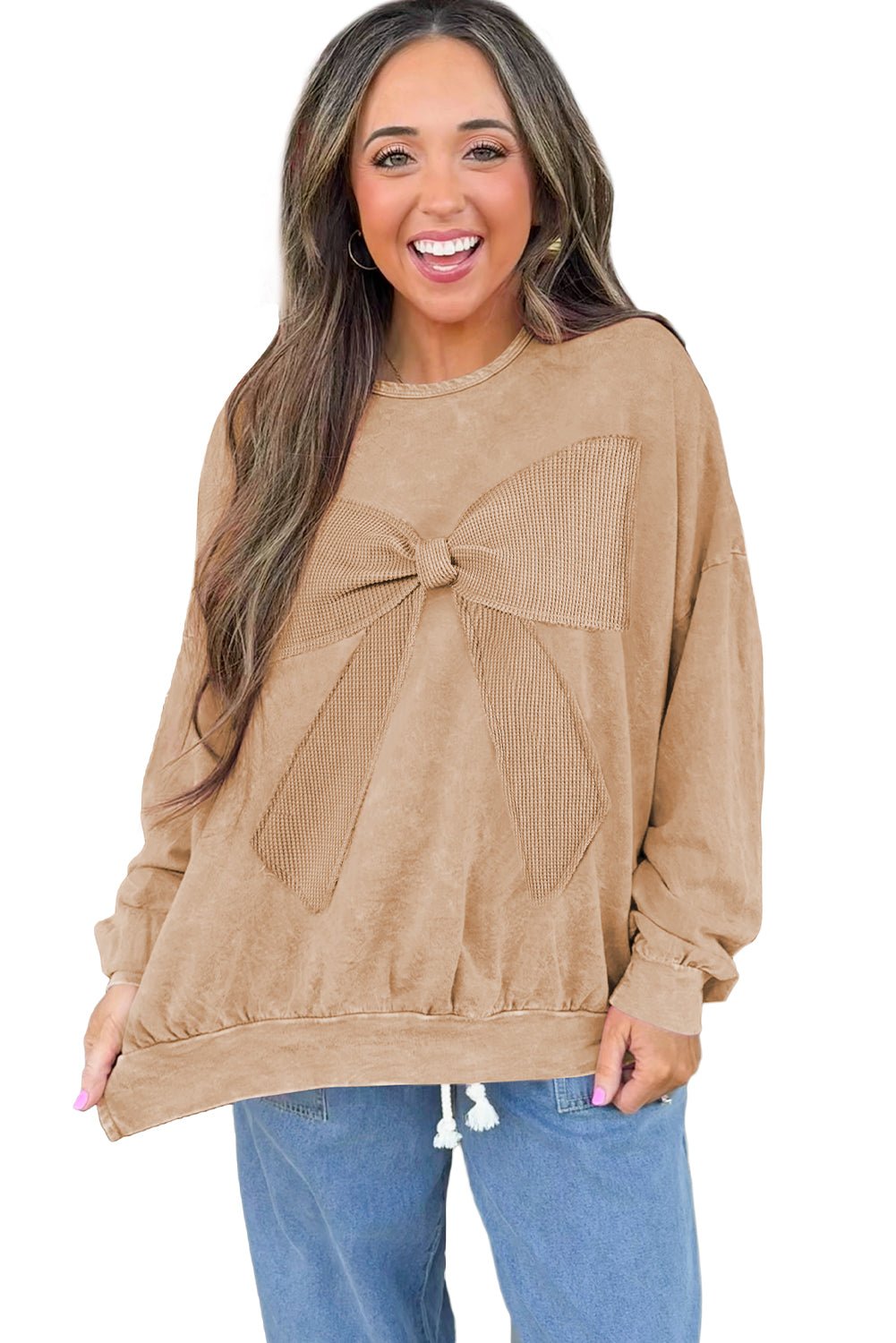 Light French Beige Mineral Wash Waffle Bow Patched Pullover Sweatshirt - MAD RUFFI