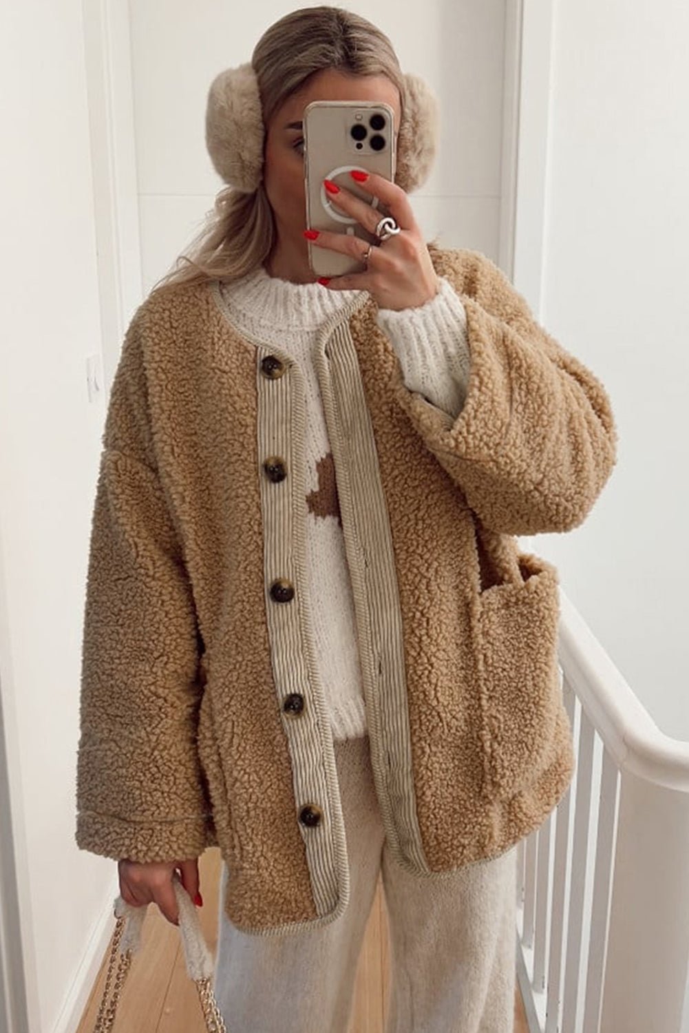 Light French Beige Puffy Plush Corduroy Edge Patchwork Jacket with Big Pockets - MAD RUFFI