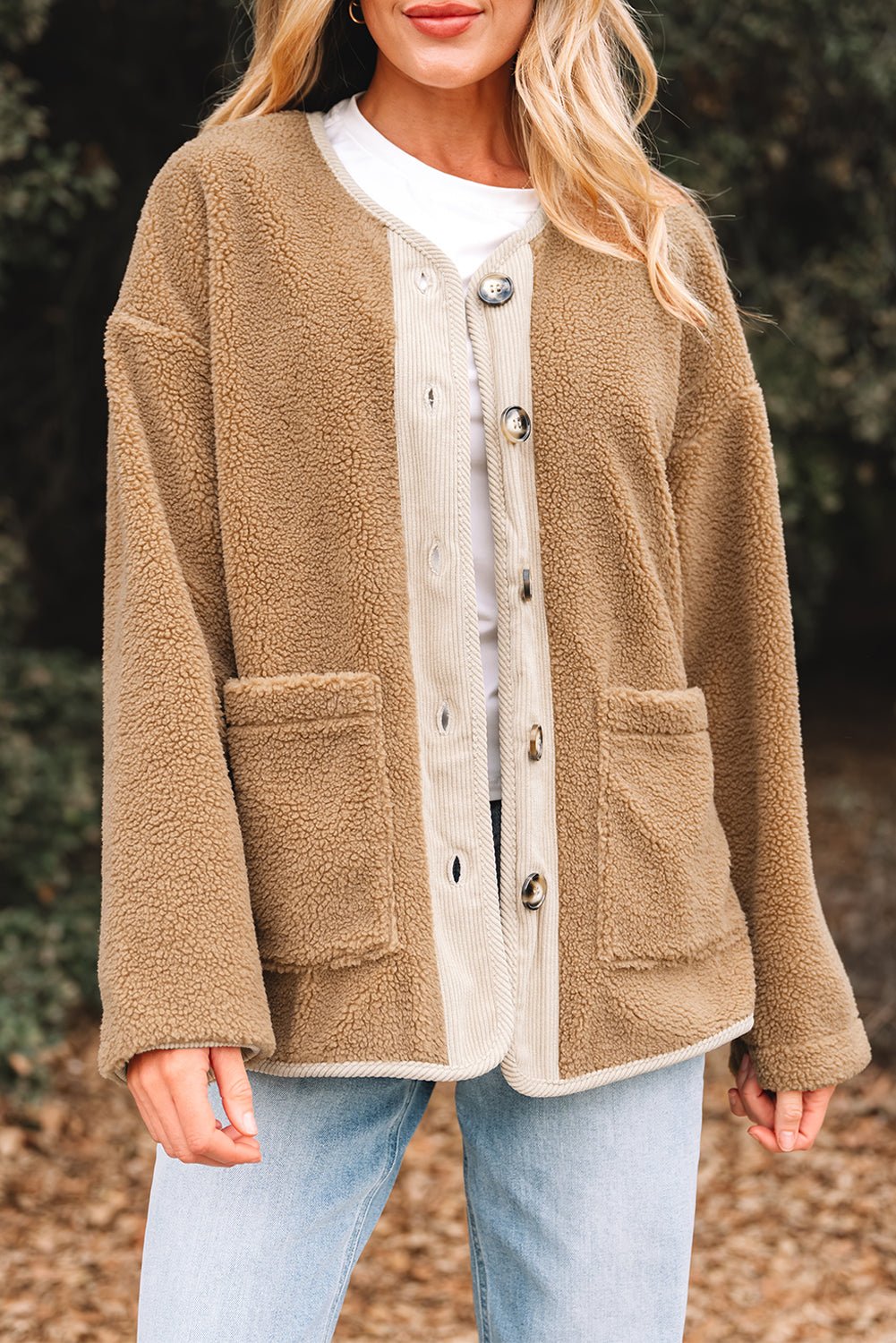 Light French Beige Puffy Plush Corduroy Edge Patchwork Jacket with Big Pockets - MAD RUFFI