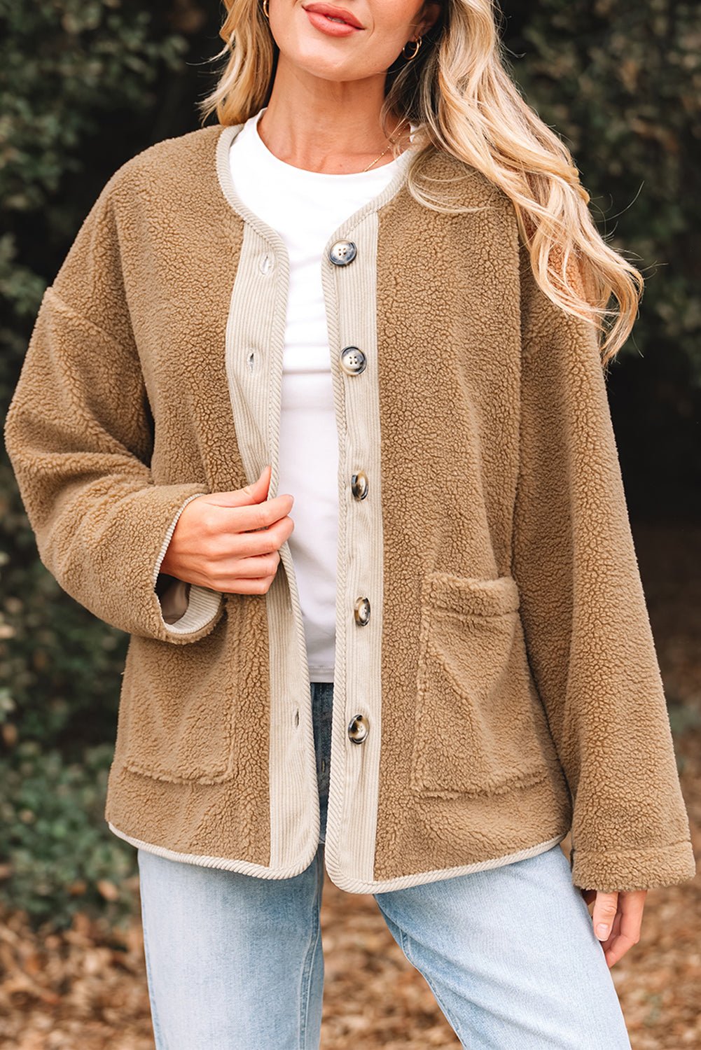Light French Beige Puffy Plush Corduroy Edge Patchwork Jacket with Big Pockets - MAD RUFFI