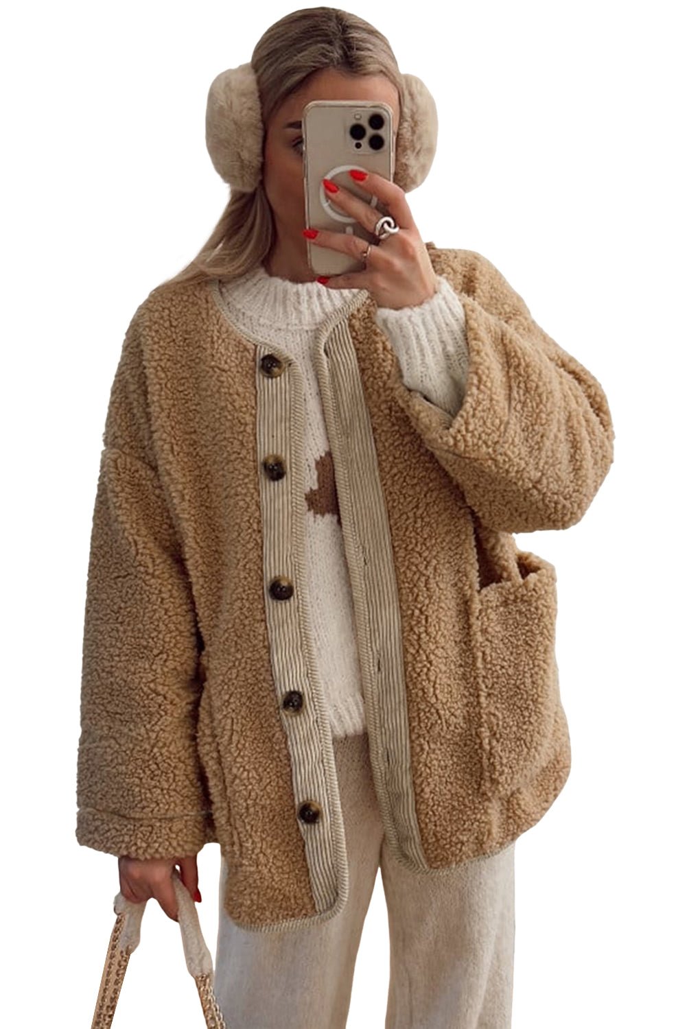 Light French Beige Puffy Plush Corduroy Edge Patchwork Jacket with Big Pockets - MAD RUFFI