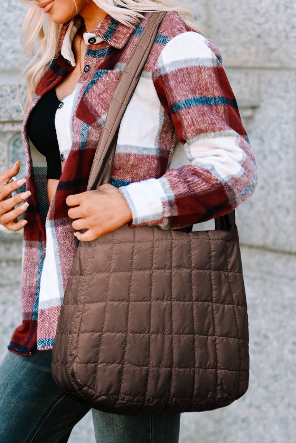 Light French Beige Quilted Zipper Large Shoulder Bag - MAD RUFFI