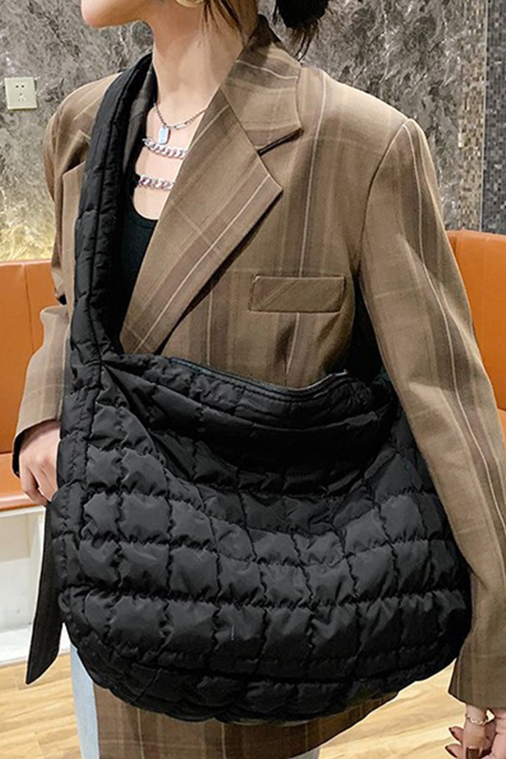 Light French Beige Quilted Zipper Large Shoulder Bag - MAD RUFFI