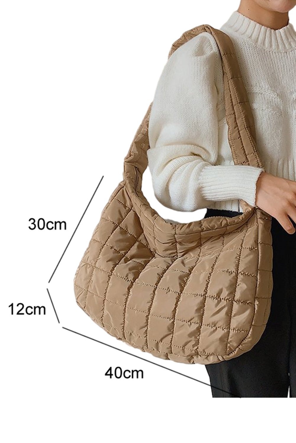 Light French Beige Quilted Zipper Large Shoulder Bag - MAD RUFFI