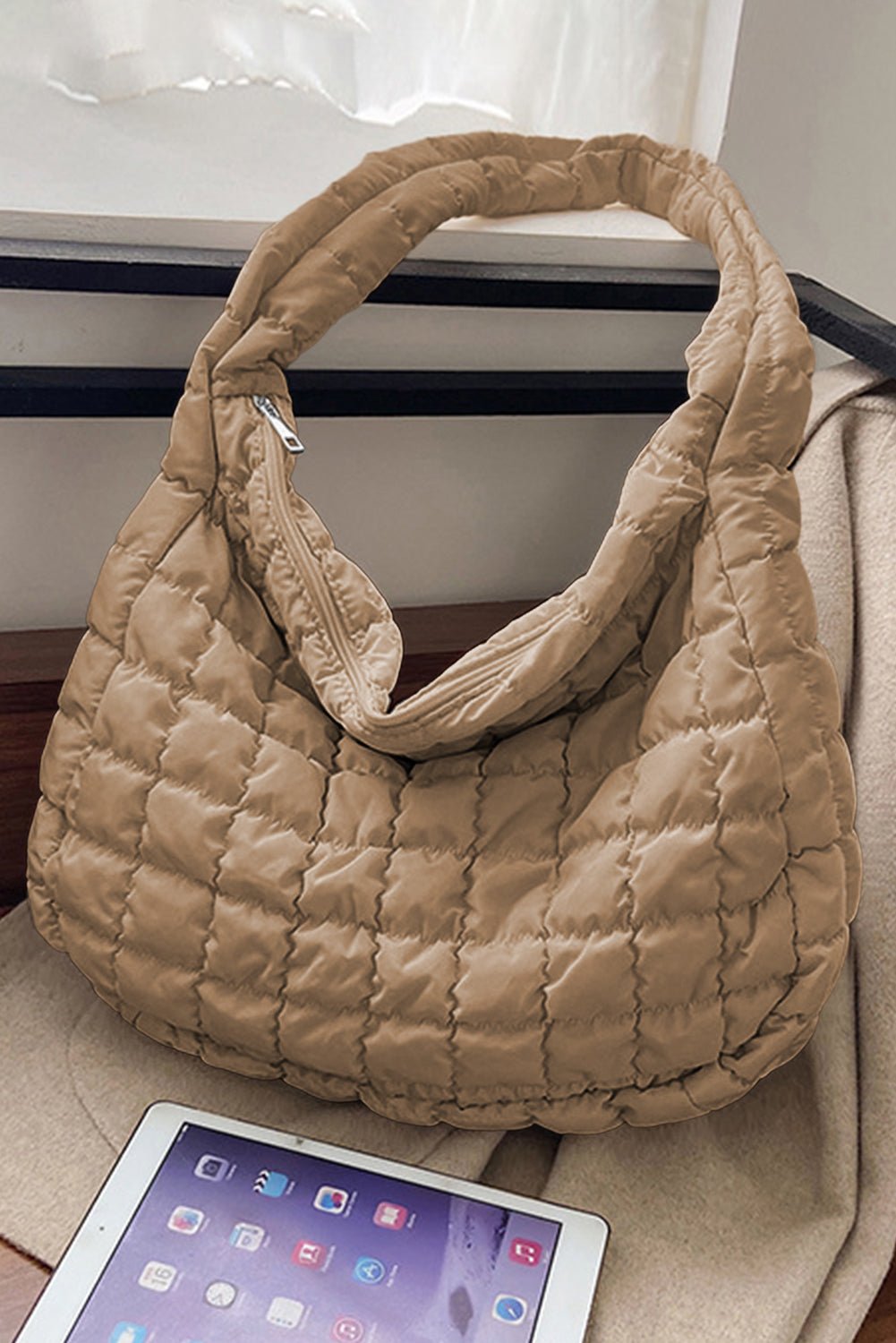 Light French Beige Quilted Zipper Large Shoulder Bag - MAD RUFFI