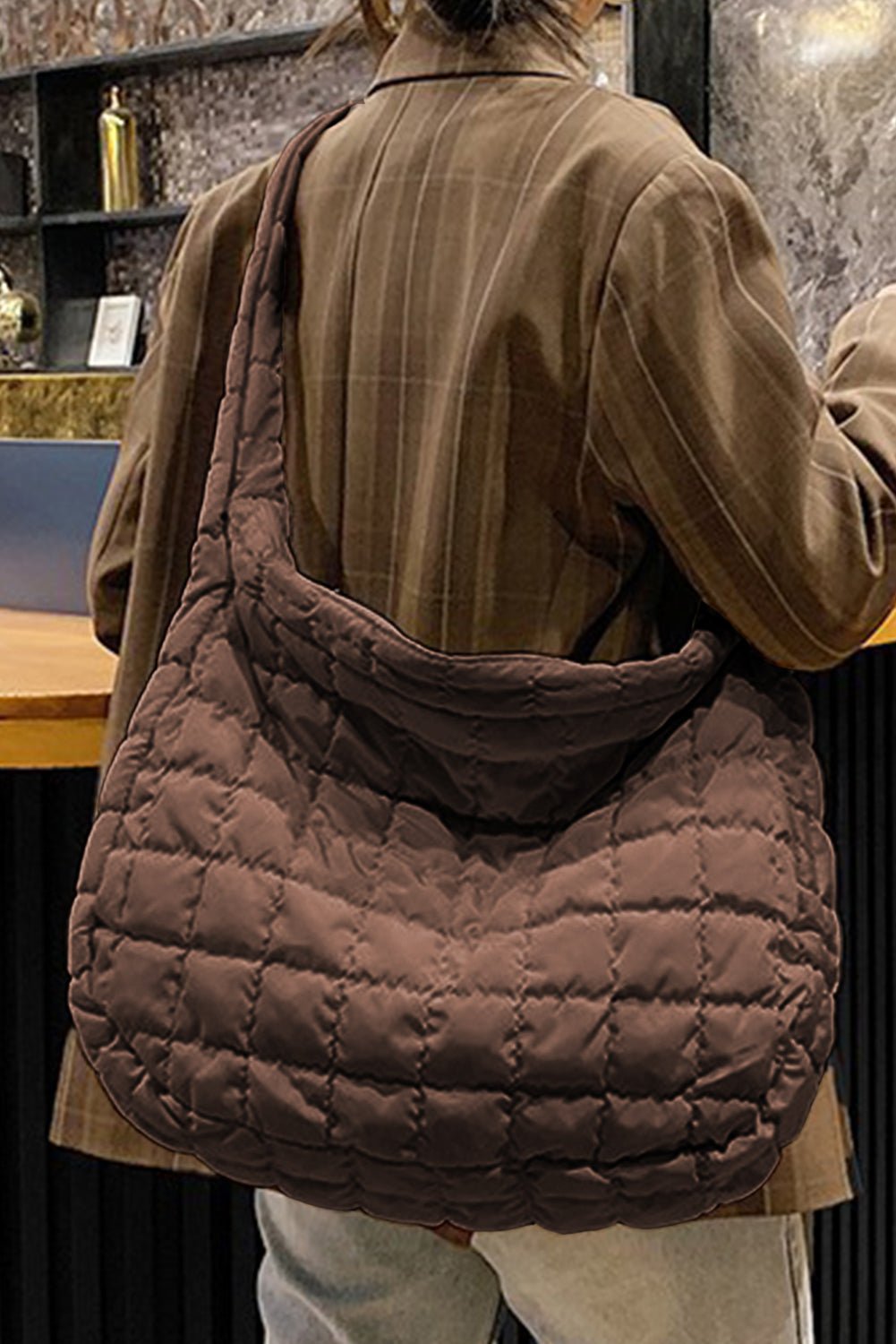 Light French Beige Quilted Zipper Large Shoulder Bag - MAD RUFFI