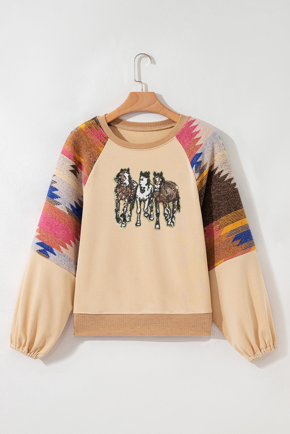Light French Beige Sequined Horses Graphic Fashion Sweatshirt - MAD RUFFI