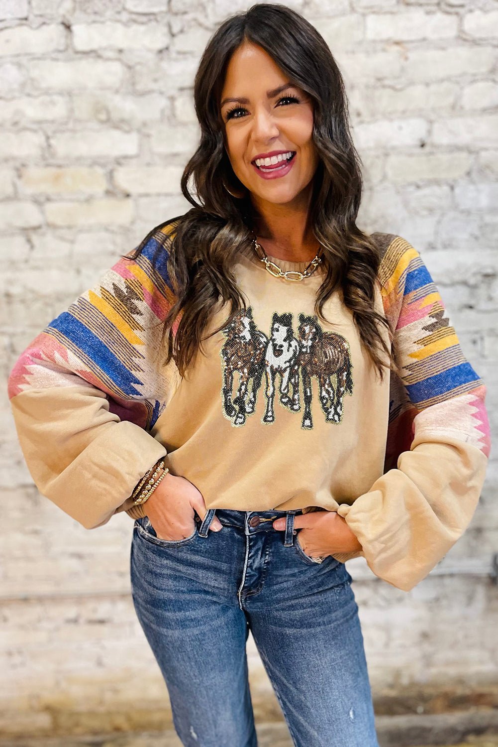 Light French Beige Sequined Horses Graphic Fashion Sweatshirt - MAD RUFFI