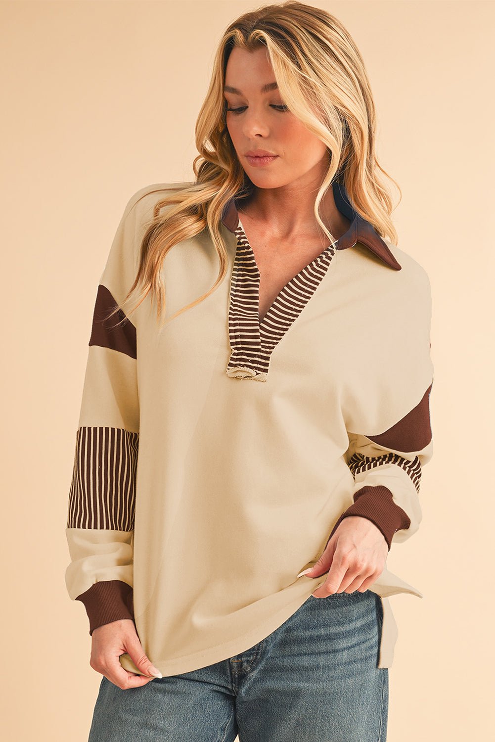 Light French Beige Striped Patchwork Collar Sweatshirt - MAD RUFFI