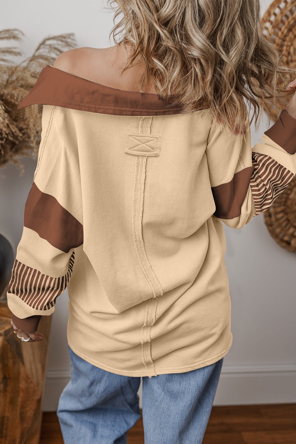 Light French Beige Striped Patchwork Collar Sweatshirt - MAD RUFFI