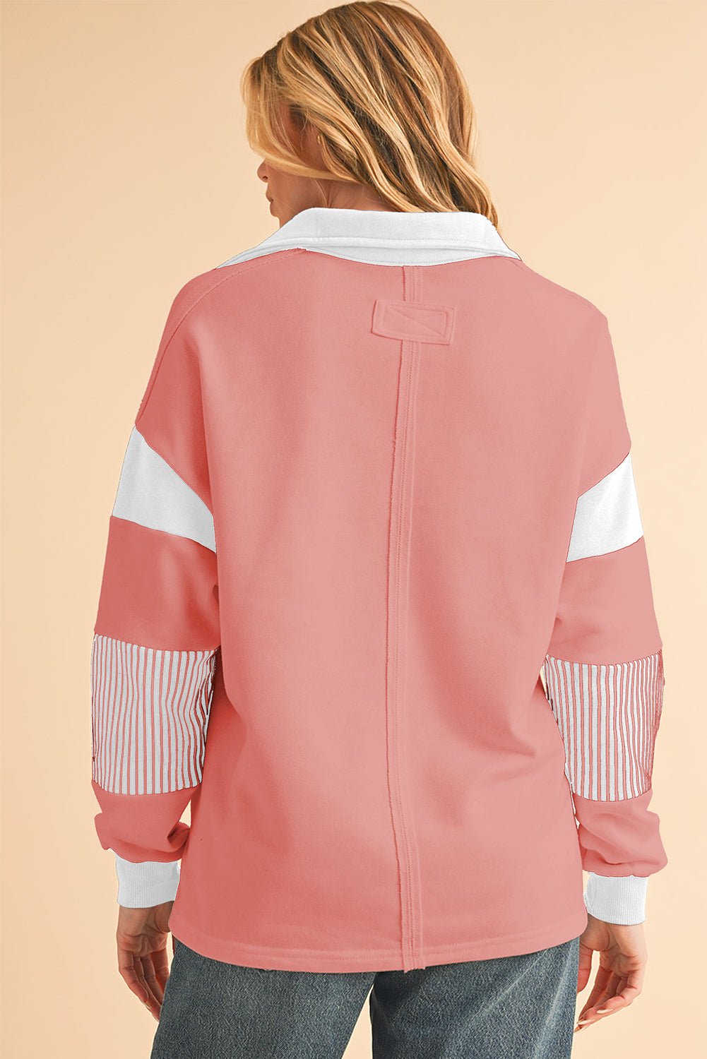 Light French Beige Striped Patchwork Collar Sweatshirt - MAD RUFFI
