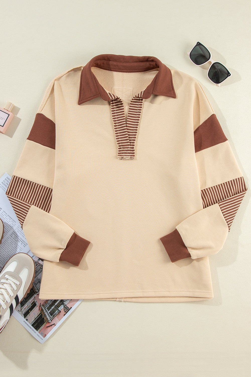 Light French Beige Striped Patchwork Collar Sweatshirt - MAD RUFFI