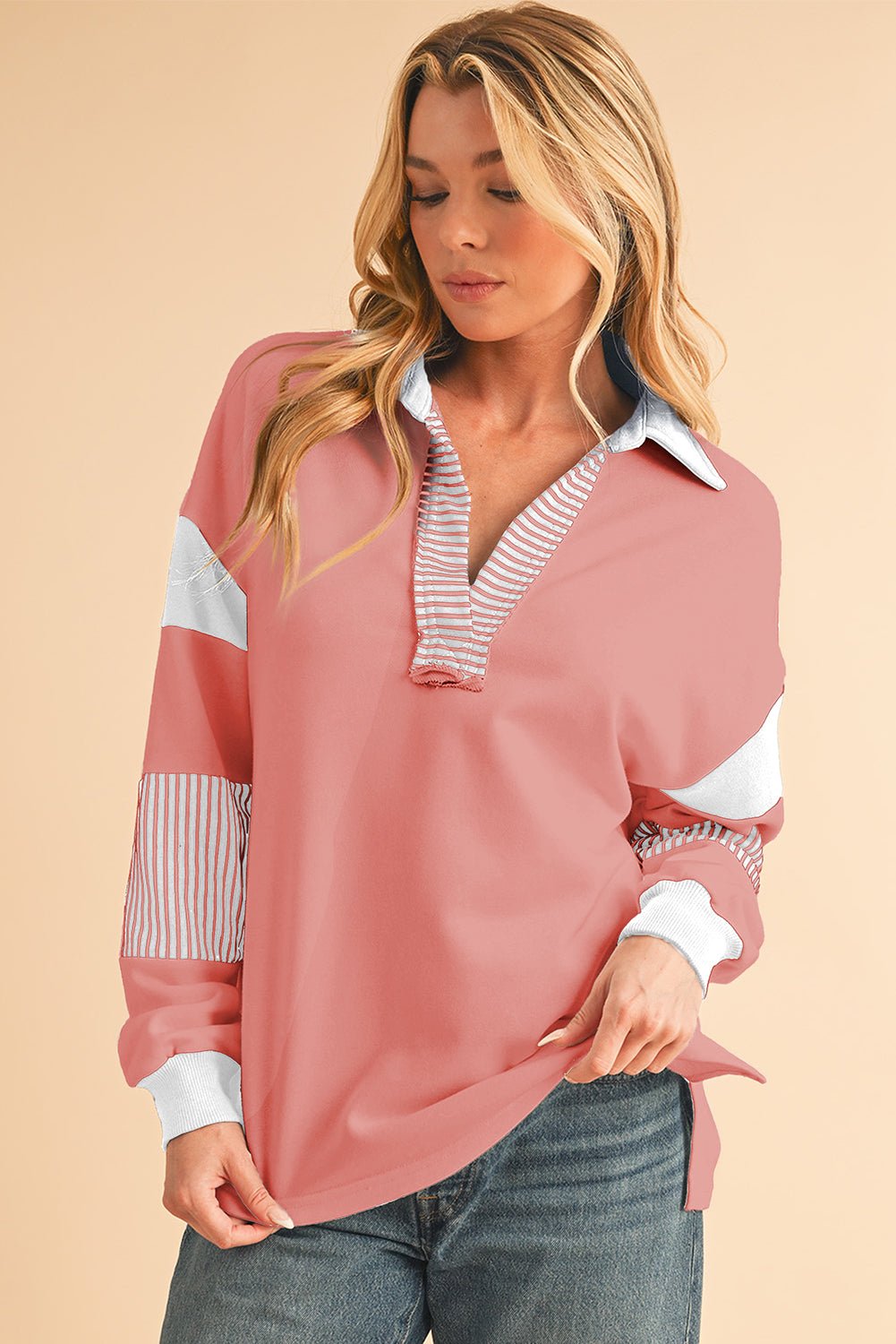 Light French Beige Striped Patchwork Collar Sweatshirt - MAD RUFFI