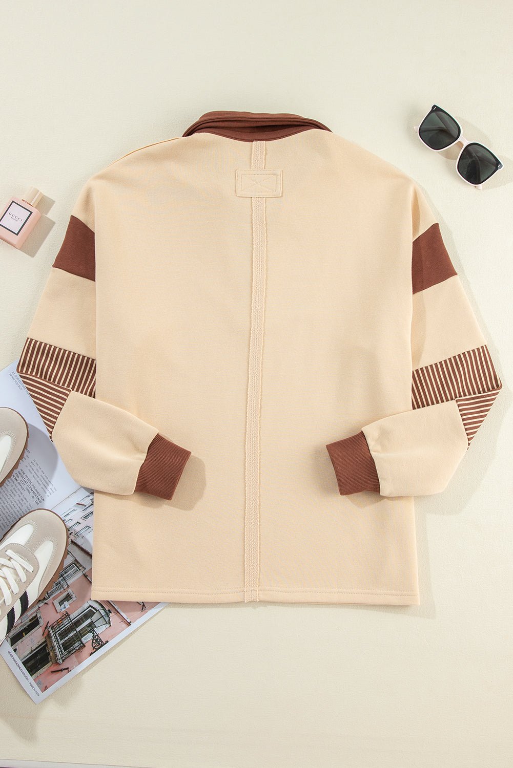 Light French Beige Striped Patchwork Collar Sweatshirt - MAD RUFFI