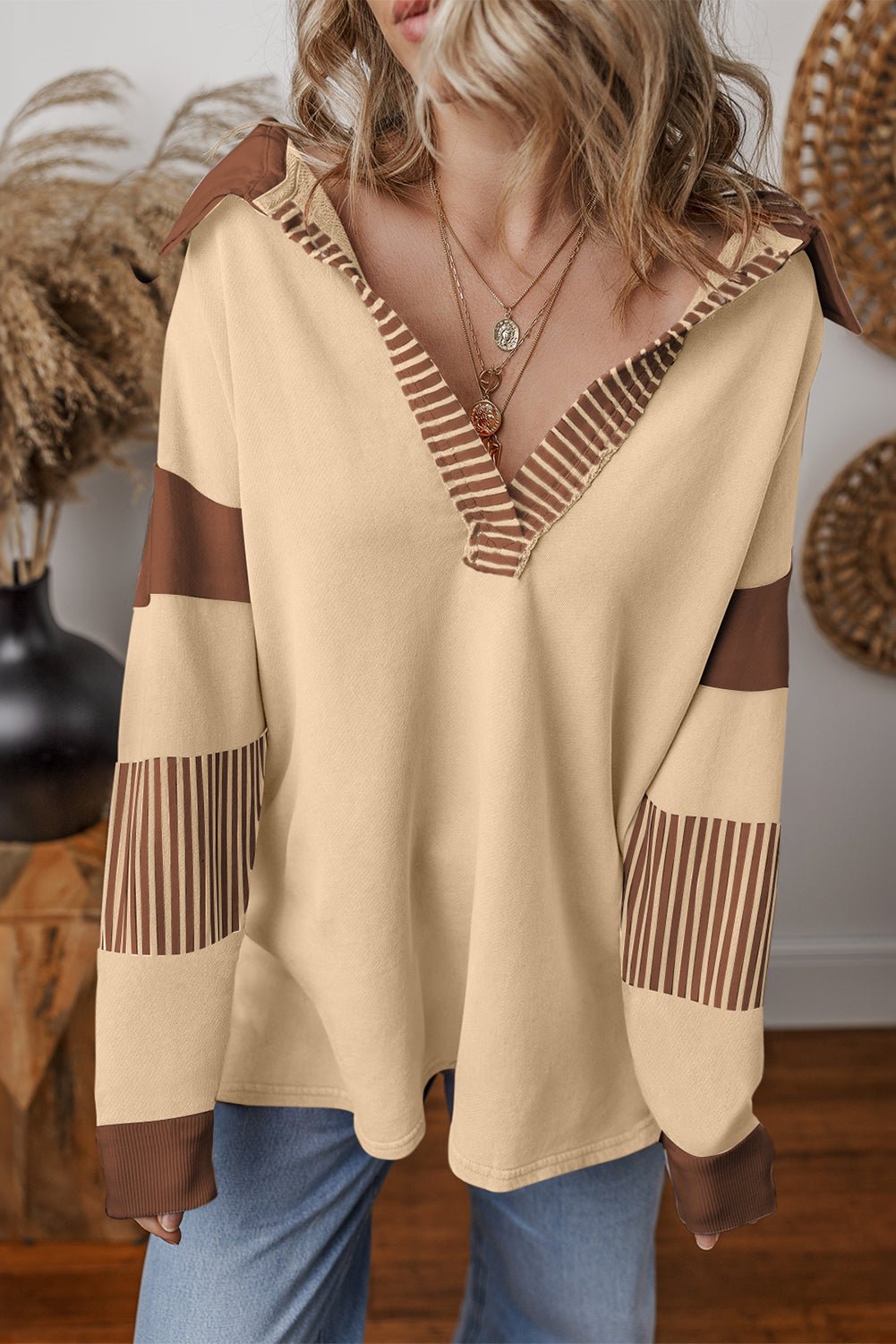 Light French Beige Striped Patchwork Collar Sweatshirt - MAD RUFFI