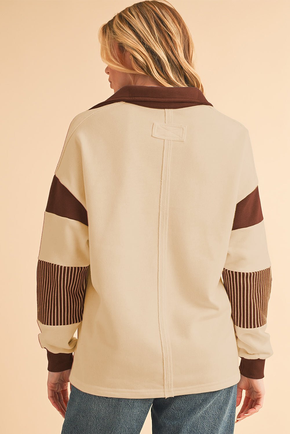 Light French Beige Striped Patchwork Collar Sweatshirt - MAD RUFFI