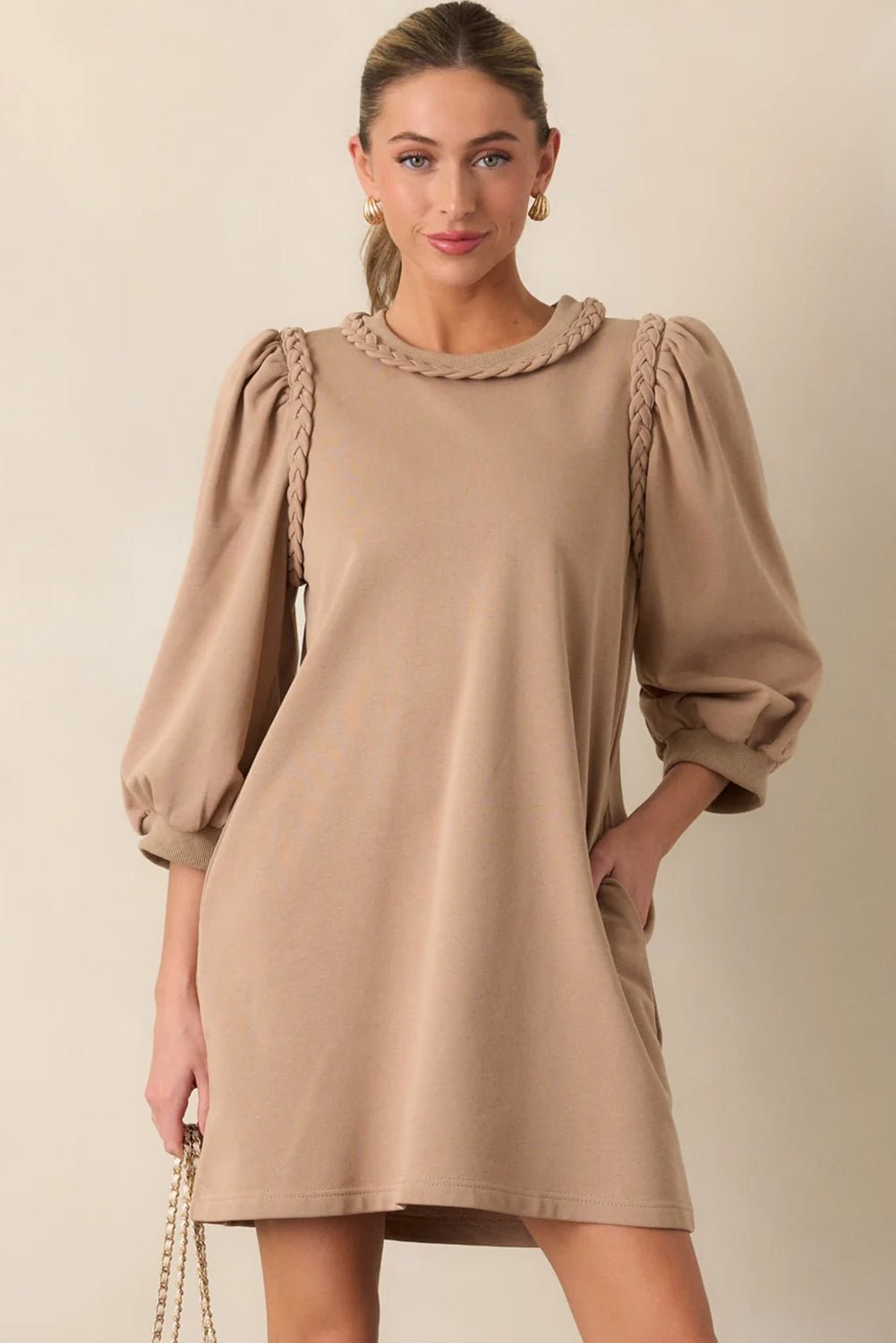 Light French Beige Twist Braided Embellished Puff Sleeve Dress - MAD RUFFI