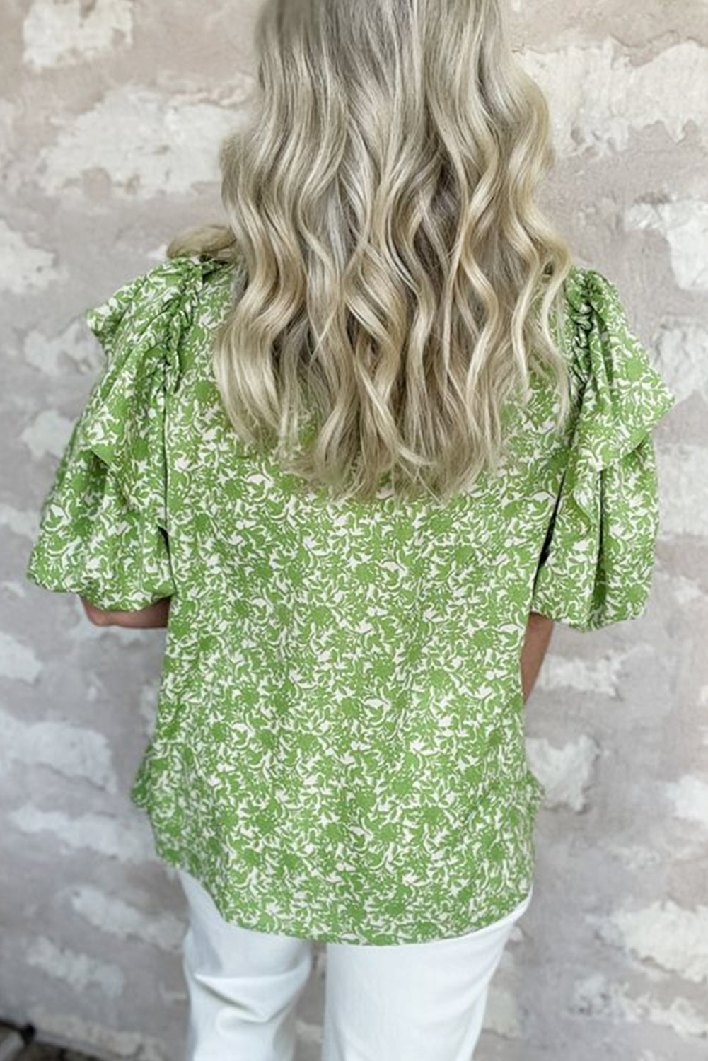 Light Green Floral V-Neck Ruffle Puff Sleeve Blouse - MAD RUFFI