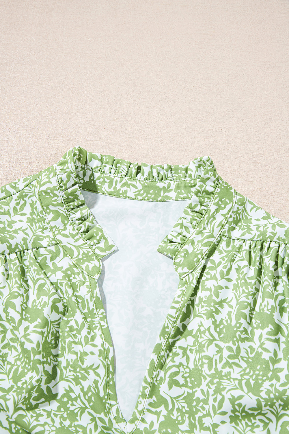 Light Green Floral V-Neck Ruffle Puff Sleeve Blouse - MAD RUFFI