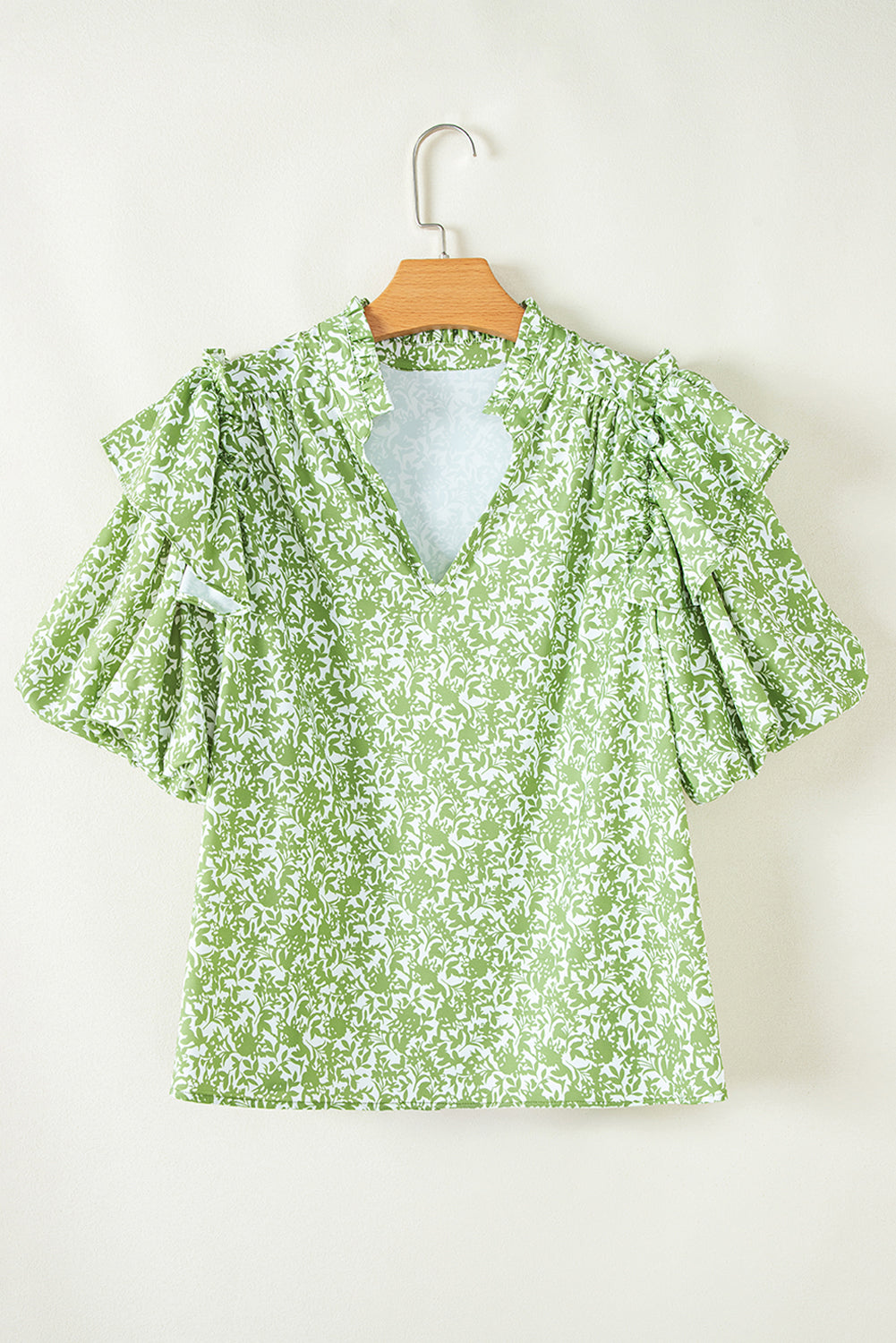 Light Green Floral V-Neck Ruffle Puff Sleeve Blouse - MAD RUFFI