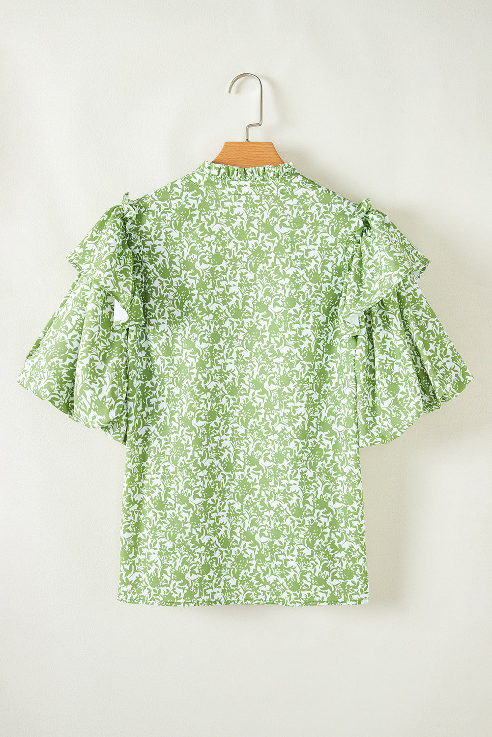 Light Green Floral V-Neck Ruffle Puff Sleeve Blouse - MAD RUFFI