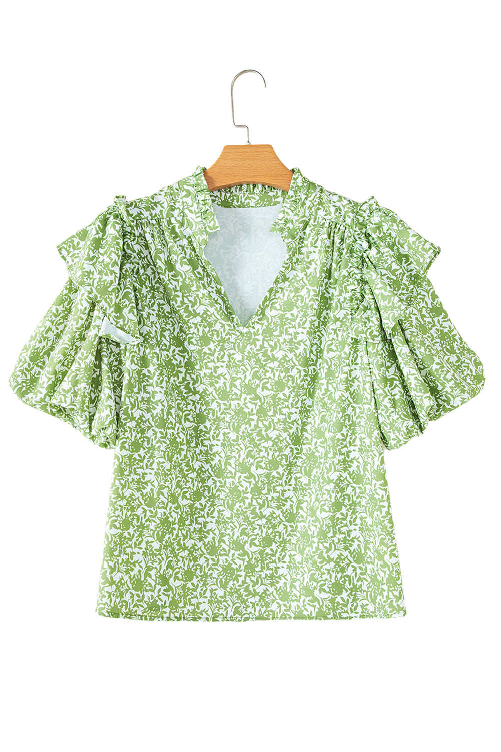 Light Green Floral V-Neck Ruffle Puff Sleeve Blouse - MAD RUFFI