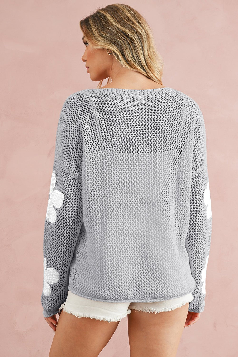 Light Grey 60s Flower Drop Shoulder Hollow Knit Top - MAD RUFFI