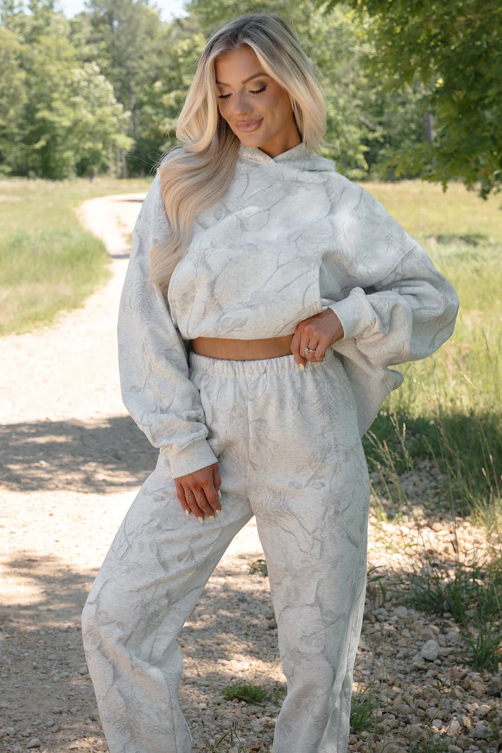 Light Grey Abstract Print Loose Drop Sleeve Hoodie and Pants Set - MAD RUFFI