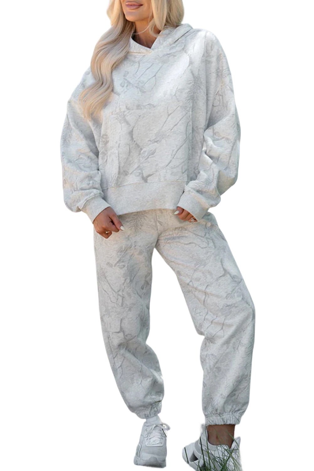 Light Grey Abstract Print Loose Drop Sleeve Hoodie and Pants Set - MAD RUFFI