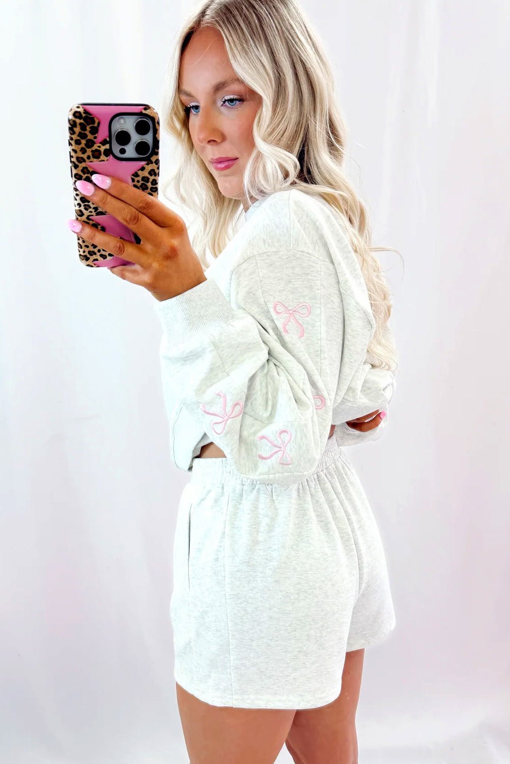 Light Grey Bow Embroidery Long Sleeve Pullover and High Waist Shorts Set - MAD RUFFI
