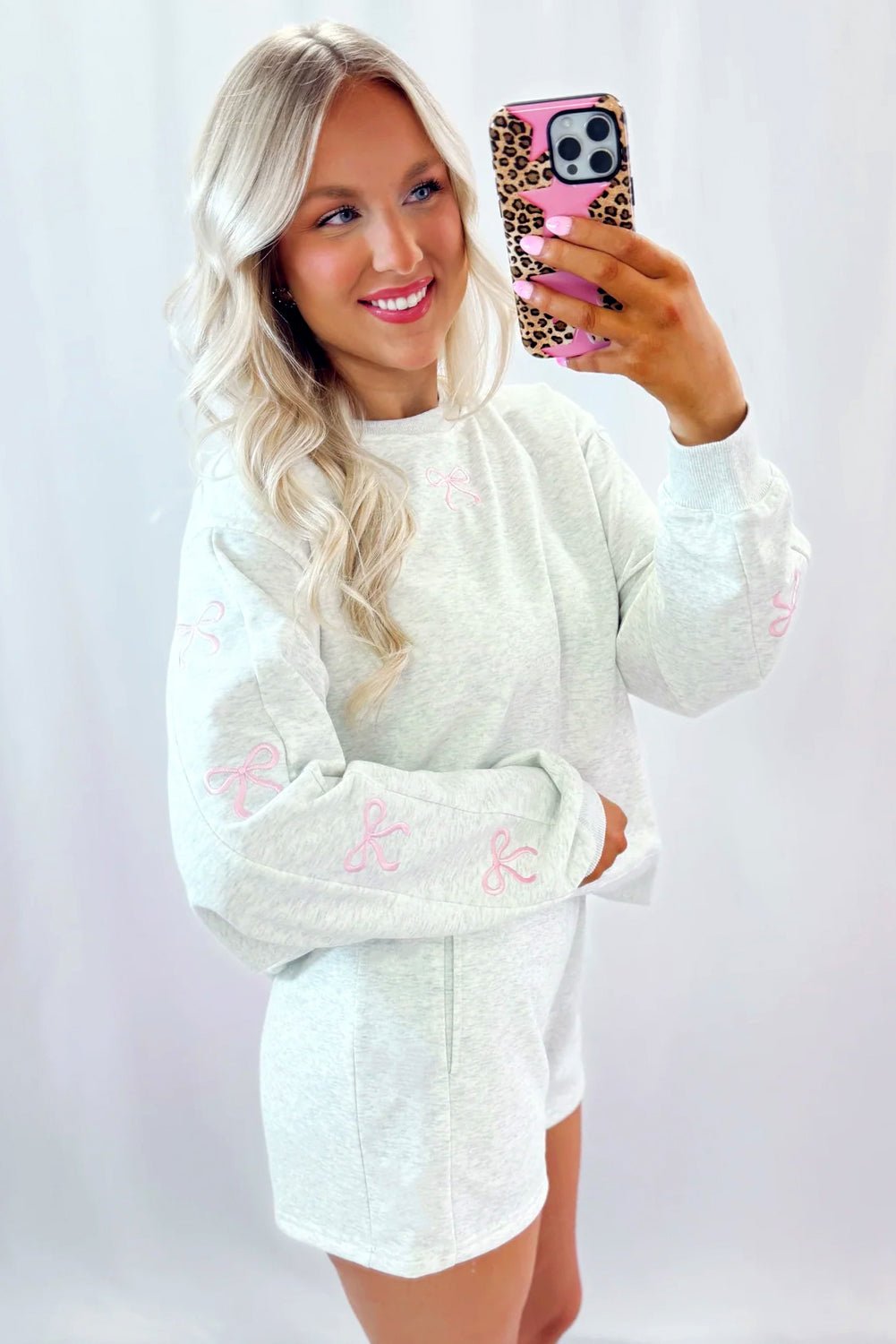 Light Grey Bow Embroidery Long Sleeve Pullover and High Waist Shorts Set - MAD RUFFI