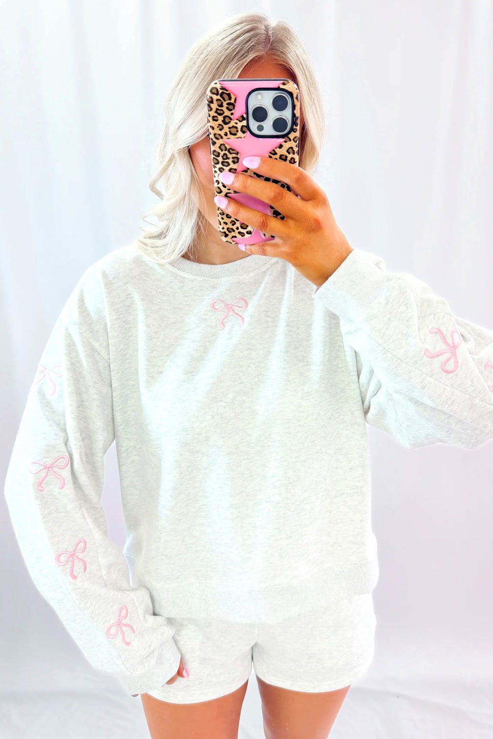 Light Grey Bow Embroidery Long Sleeve Pullover and High Waist Shorts Set - MAD RUFFI