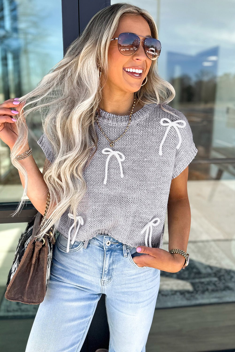 Light Grey Bowknot Applique Cap Sleeve Sweater - MAD RUFFI