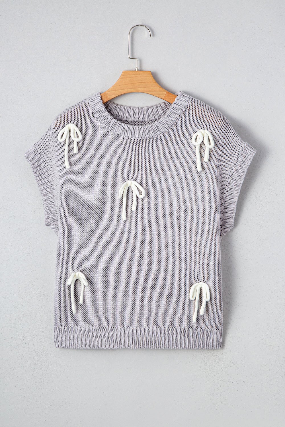 Light Grey Bowknot Applique Cap Sleeve Sweater - MAD RUFFI