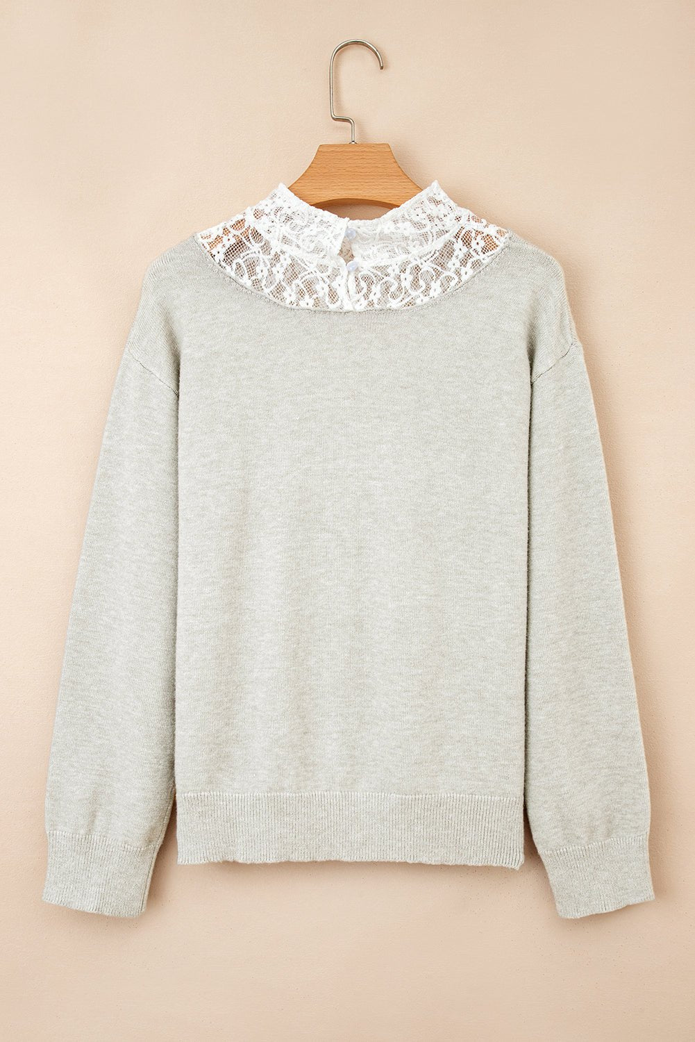 Light Grey Button Keyhole Lace Patchwork Drop Shoulder Sweater - MAD RUFFI