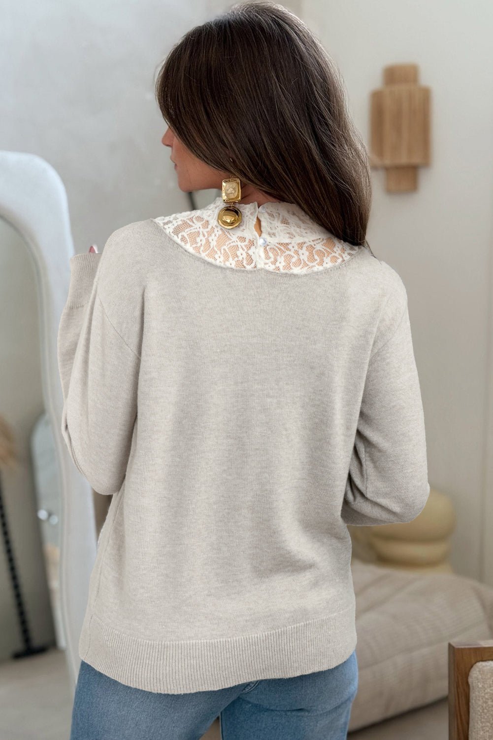 Light Grey Button Keyhole Lace Patchwork Drop Shoulder Sweater - MAD RUFFI